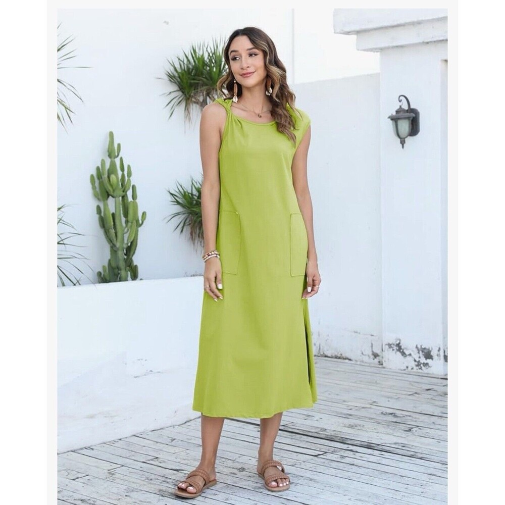 🌿🎨 NEW Riatour XS Pale Green Midi Dress – Asymmetric Straps, Cotton, Pockets - Picture 4 of 10